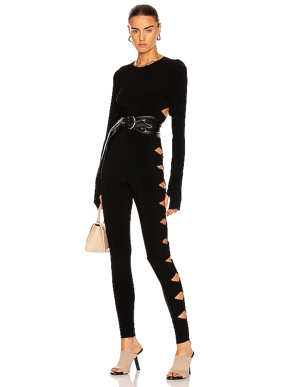 Norma Kamali Long Sleeve Crew Neck Alligator Catsuit in Black | FWRD