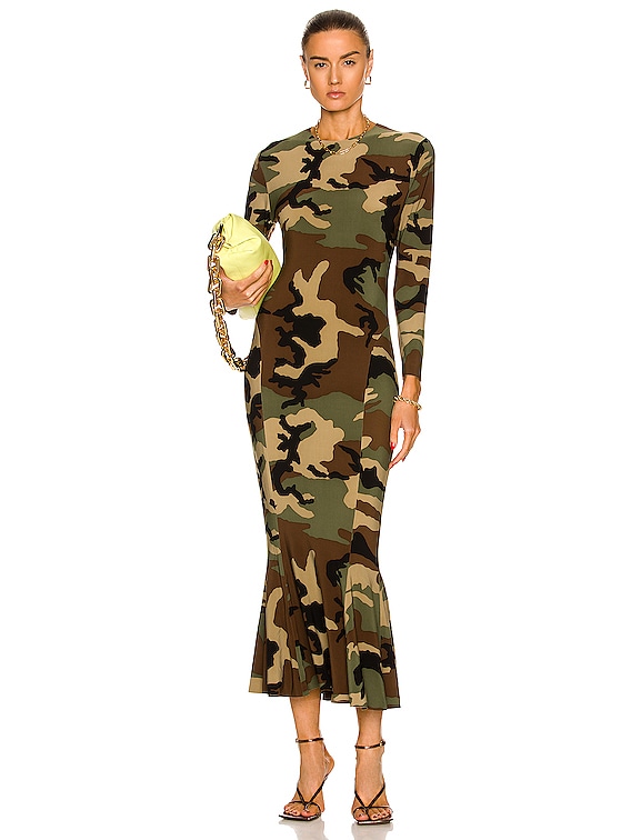 Norma Kamali Long Sleeve Crew Fishtail Dress in Camo | FWRD