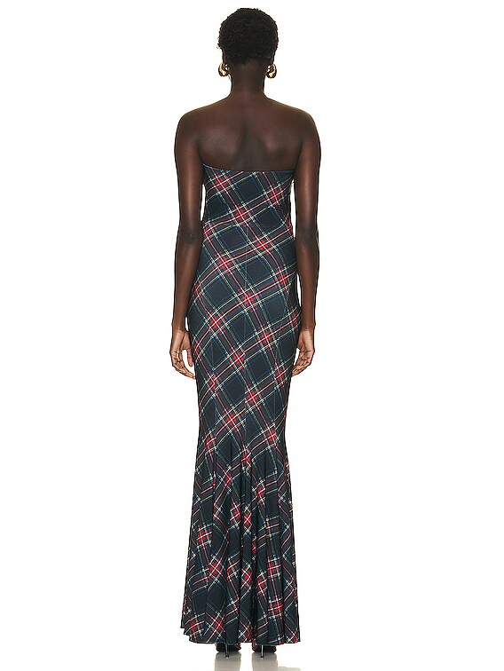 Norma Kamali Strapless Fishtail Gown in Black Tartan | FWRD Norma Kamali Strapless Fishtail Gown in Black Tartan | FWRD