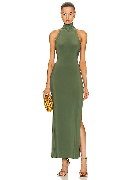 Norma Kamali Halter Turtleneck Side Slit Gown in Celadon | FWRD