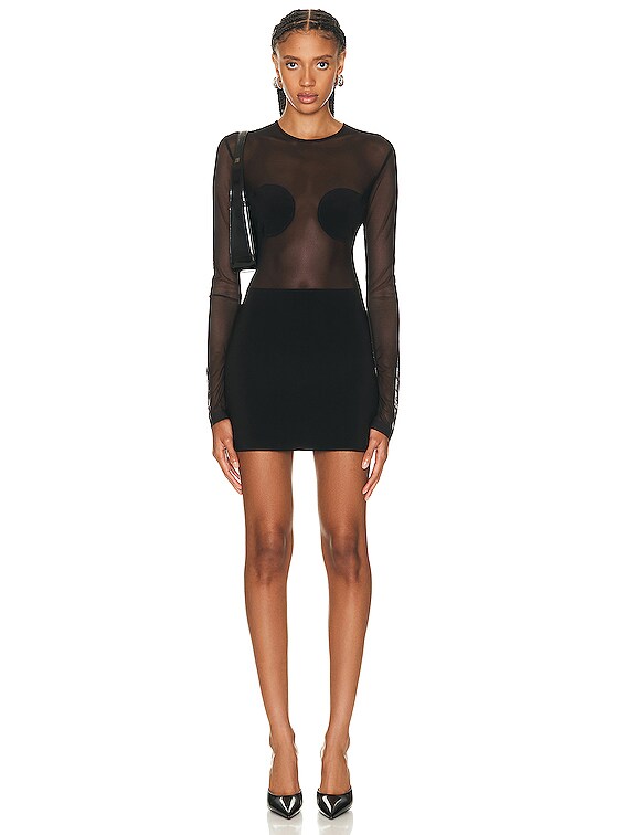 Norma Kamali Dot Dash Mini Dress in Black & Black Mesh | FWRD