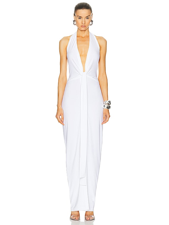 Norma Kamali Tie Front Halter Gown in Snow White | FWRD Norma Kamali Tie Front Halter Gown in Snow White | FWRD