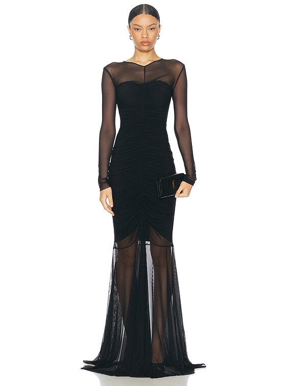 Norma Kamali Longsleeve V Neck Shirred Front Fishtail Gown in Black | FWRD