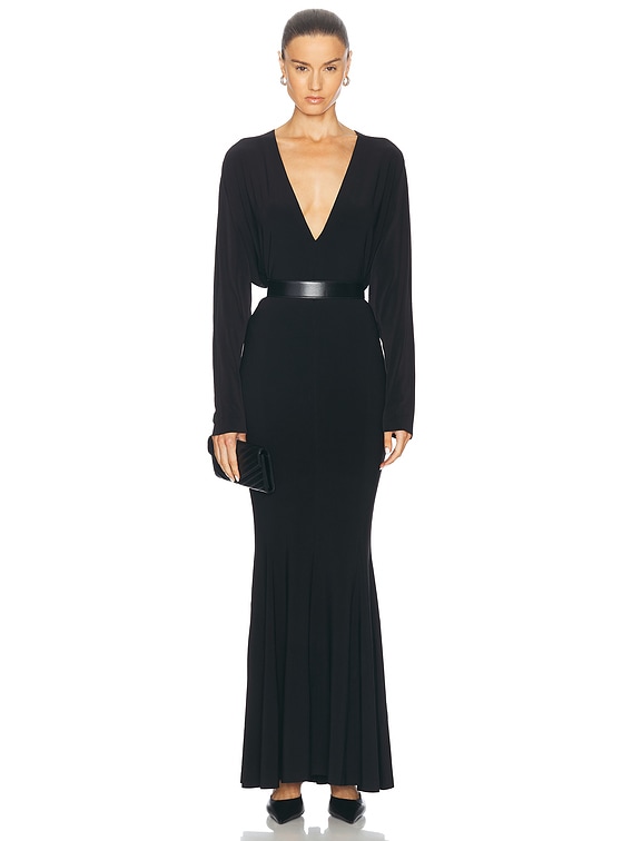 Norma Kamali Dolman V Neck Fishtail Gown in Black | FWRD
