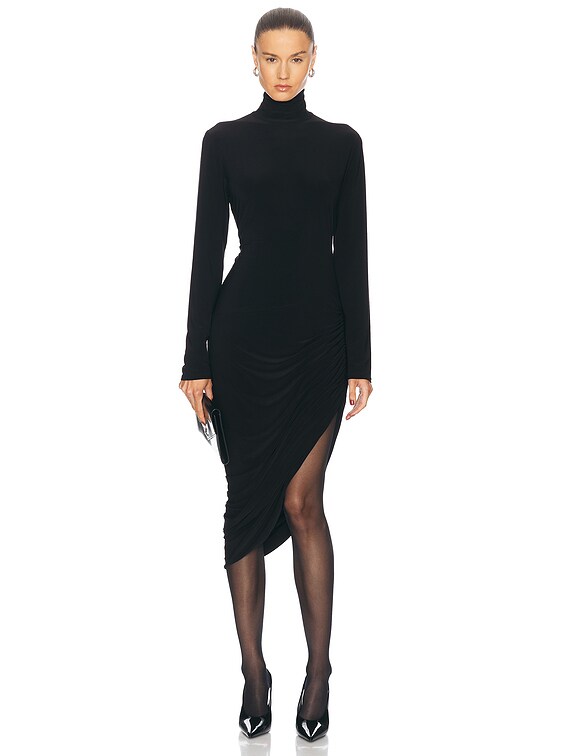 Norma Kamali Long Sleeve Turtleneck Side Drape Dress in