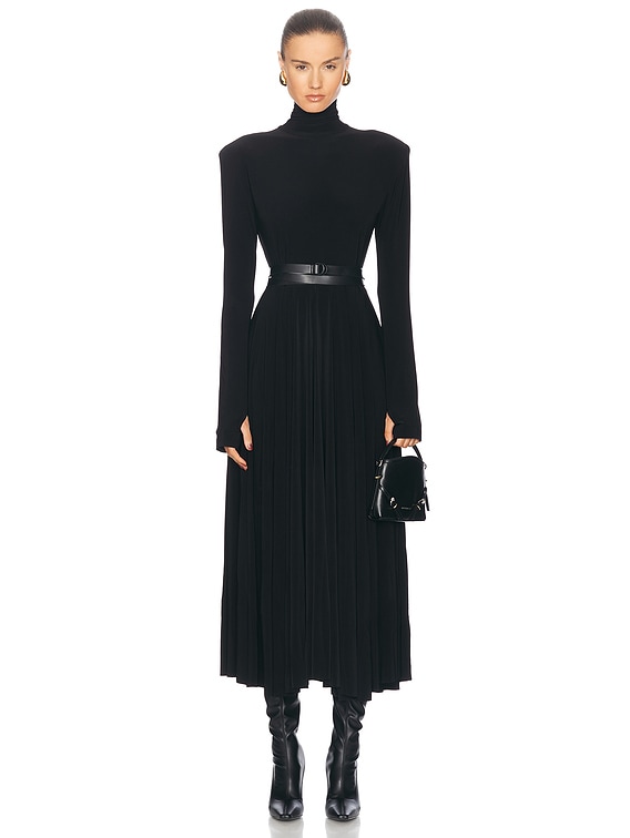 Norma Kamali Longsleeve Shoulder Pad Turtleneck Flared Dress in