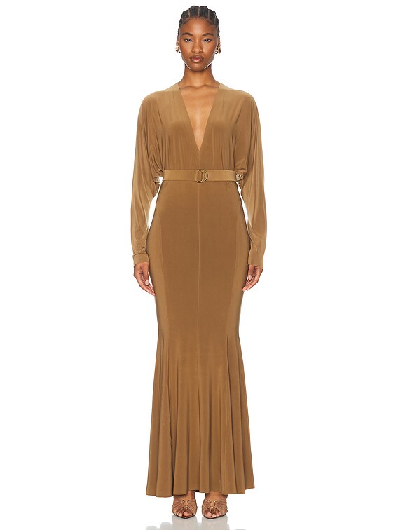 Norma Kamali Dolman V Neck Fishtail Gown in Bronze | FWRD