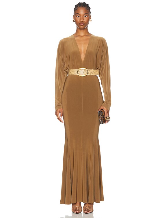 Norma Kamali Dolman V Neck Fishtail Gown in Bronze | FWRD