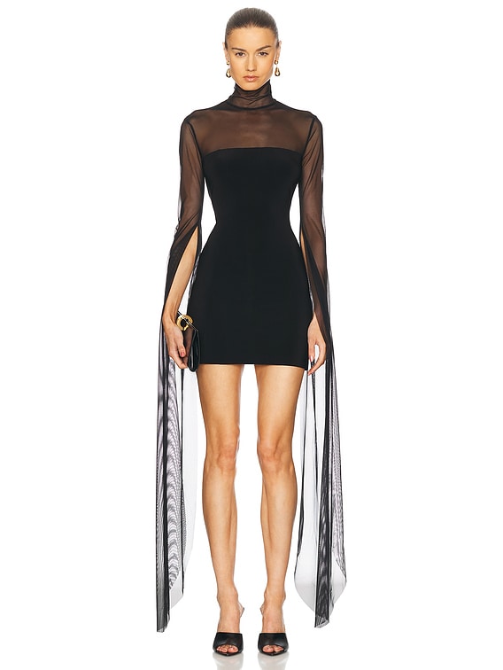 Ribbon Sleeve Turtleneck Mesh Mini Dress