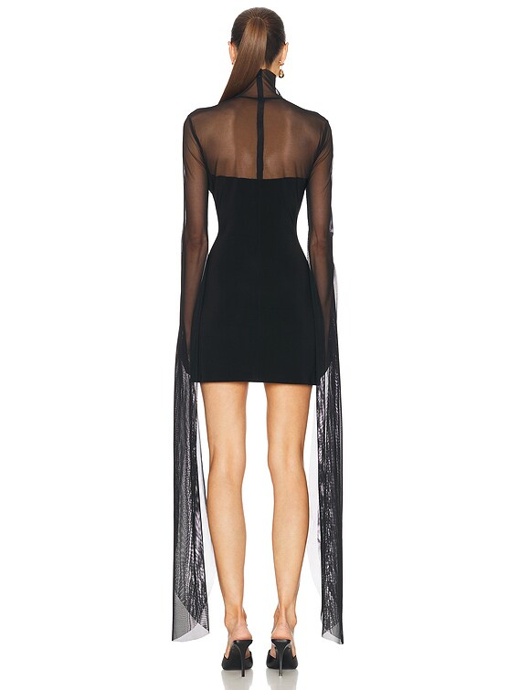 Ribbon Sleeve Turtleneck Mesh Mini Dress
