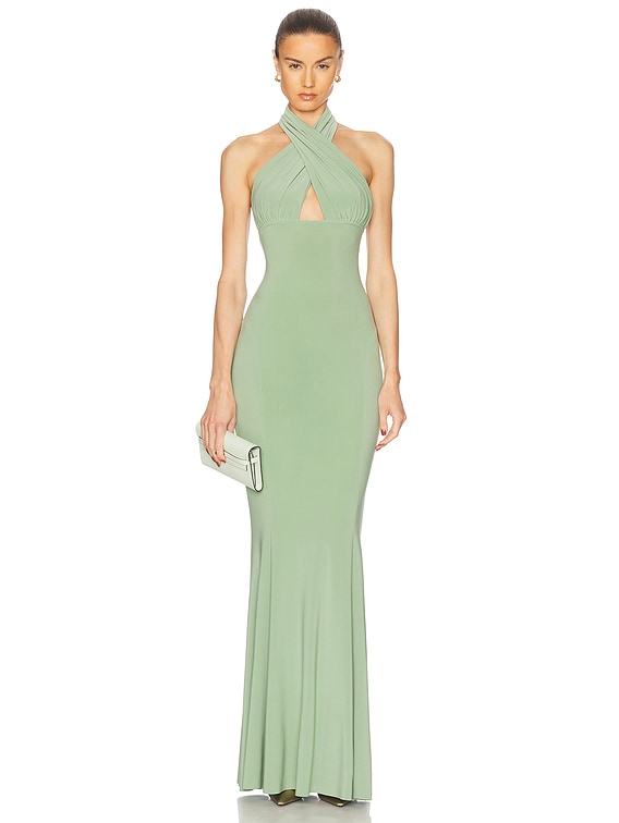 norma kamali halter fishtail dress Cross Gown in Vintage Green built-in-shorts