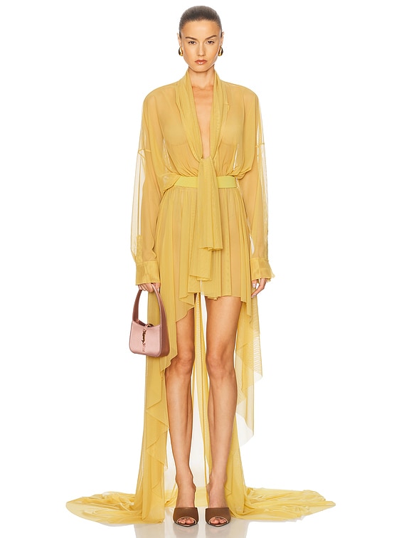 Hi Low Super Oversized Boyfriend Shirt Flared Gown With Bow