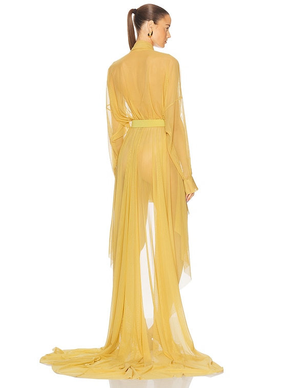 Hi Low Super Oversized Boyfriend Shirt Flared Gown With Bow