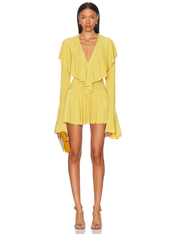 Long Sleeve Deep V Ruffle Mini Dress