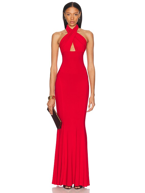 Norma Kamali Cross Halter Fishtail Gown in Tiger Red | FWRD
