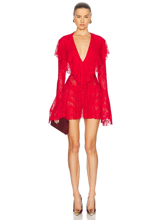 Long Sleeve Deep V Ruffle Mini Dress
