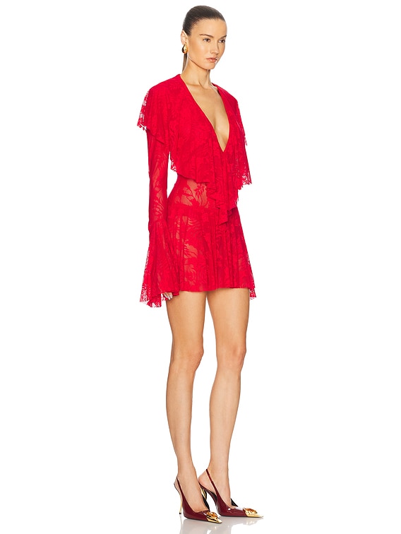 Long Sleeve Deep V Ruffle Mini Dress