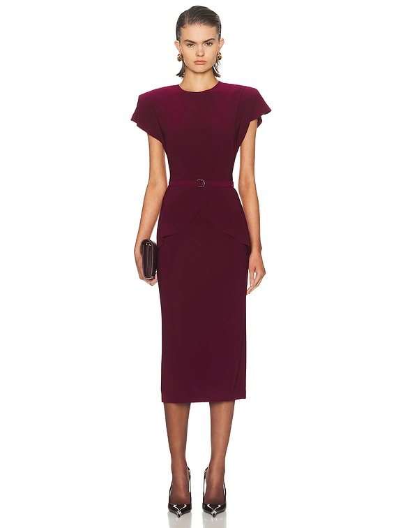 Norma Kamali Cap Sleeve Shoulder Pad Peplum Midcalf Dress in Plum