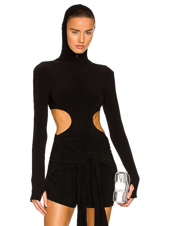 Norma Kamali Long Sleeve Turtleneck Skull Cap Cutout Bodysuit in