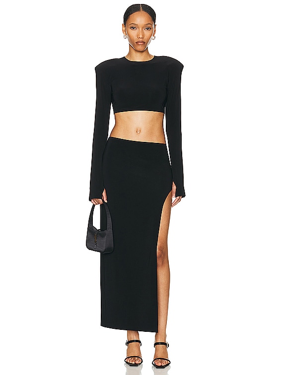 Norma Kamali Cropped Shoulder Pad Long Sleeve Crew Top in Black | FWRD