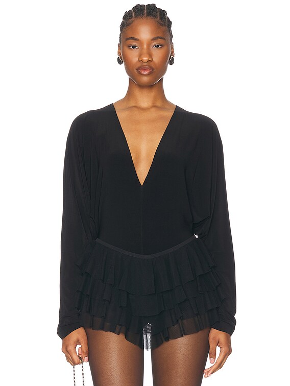 Norma Kamali Dolman V Neck Bodysuit in Black | FWRD