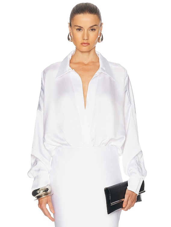 Norma Kamali Super Oversized Boyfriend Shirt Bodysuit in Snow