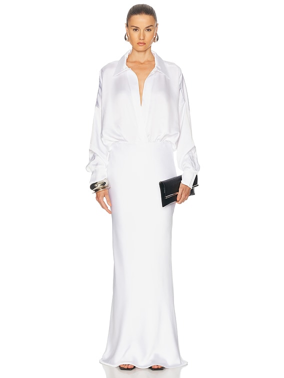 Norma Kamali Super Oversized Boyfriend Shirt Bodysuit in Snow