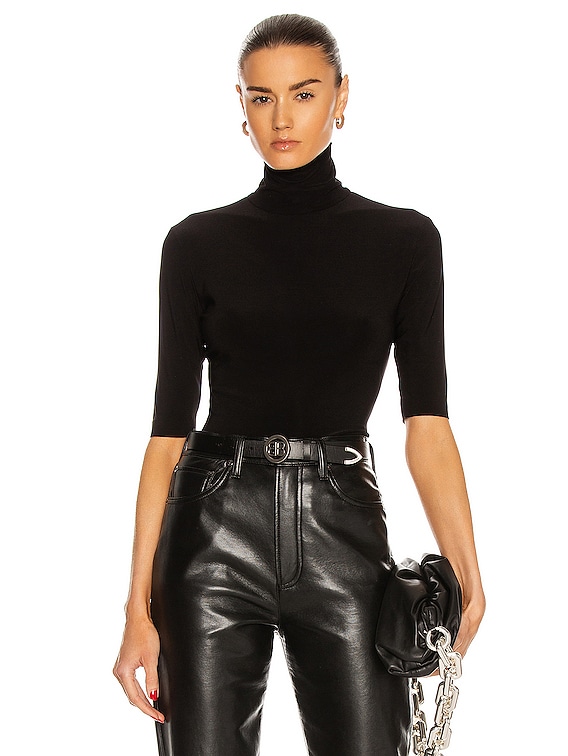 Norma Kamali Slim Fit Short Sleeve Turtleneck Top in Black