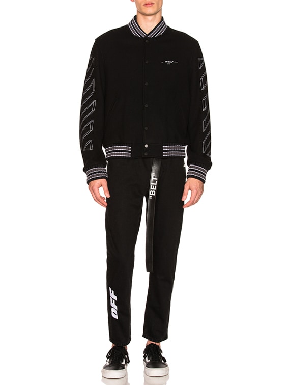OFF-WHITE Diagonal 3D Lin Skinny Varsity Jacket in Black & White