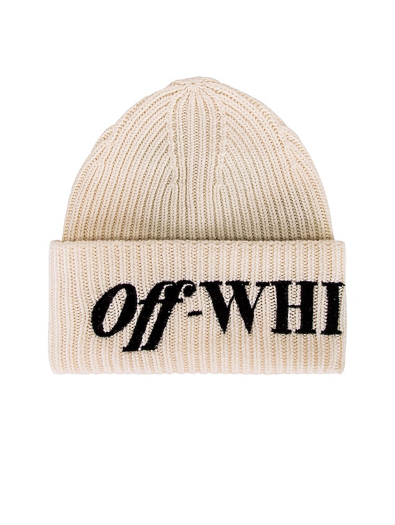 OFF-WHITE Logo Ribbed Beanie in White & Black | FWRD