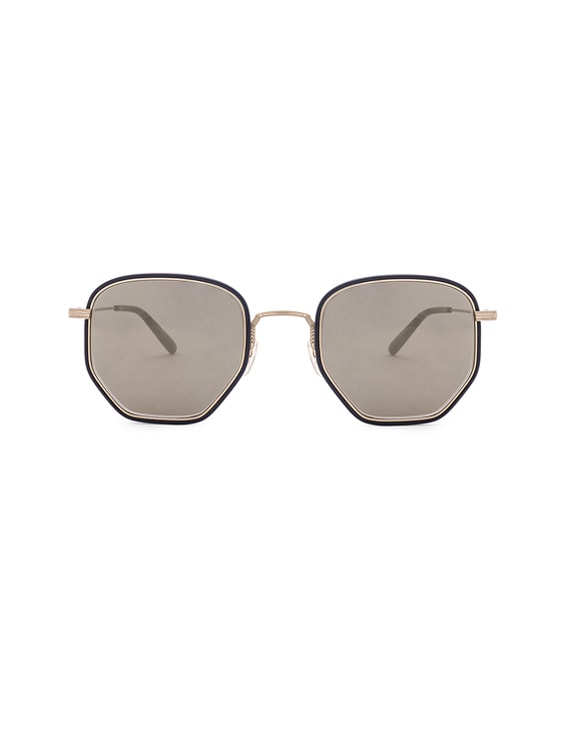 Oliver Peoples Alland in Navy, Brushed Gold & Grey Gold-Tone | FWRD