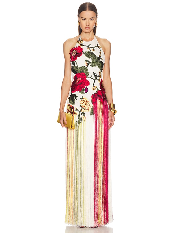 Oscar de la Renta Halter Neck Embroidered Gown in Ecru & Multi | FWRD