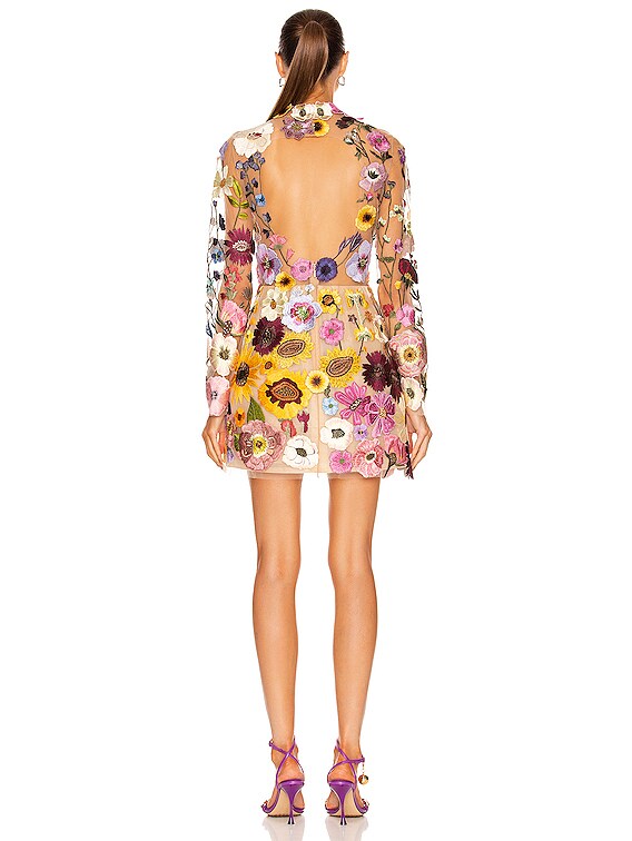 Oscar de la Renta Embroidered Flower Long Sleeve Dress in Multi | FWRD