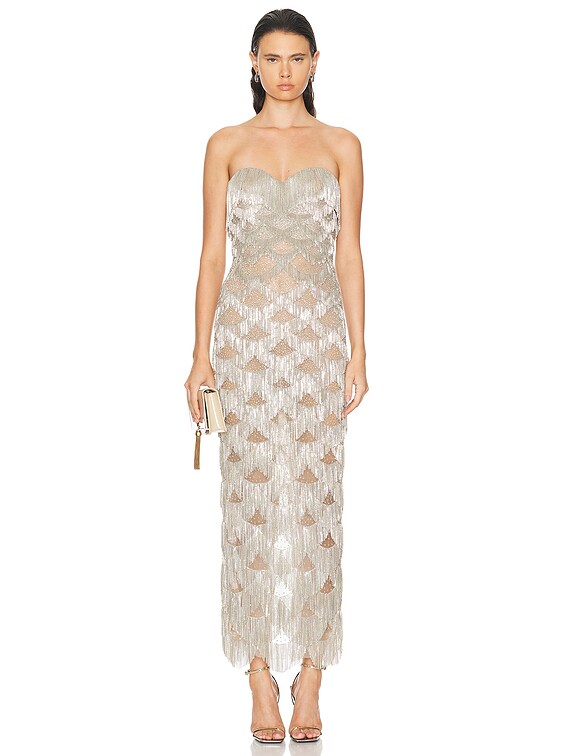 Oscar de la Renta Chain Fringe Embroidered Gown in Platine | FWRD