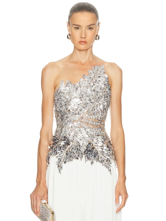 Oscar de la Renta Strapless Fern Embroidered Top in Silver | FWRD