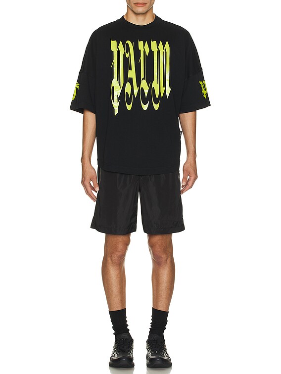 Palm Angels Back Gothic Palm Over Tee in Black & Lime | FWRD