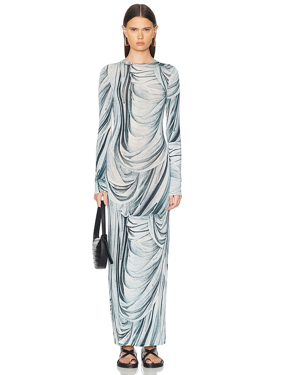 ＊美品＊2WAY DRAPE SLEEVE EMBROIDERY DRESS K238054-Lovely Metallic Stretch Jersey Gown with Demure V