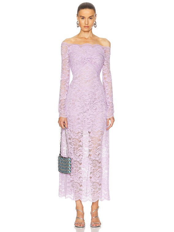 ワンピース RABANNE LAMINATED LACE OFF-THE-SHOULDER DRESS Rabanne Off-the-shoulder Lace Maxi Dress Lilac Paco Rabanne