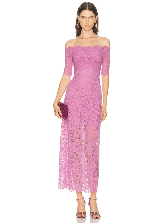RABANNE Off The Shoulder Lace Maxi Dress in Camelia Pink | FWRD RABANNE Off The Shoulder Lace Maxi Dress in Camelia Pink | FWRD