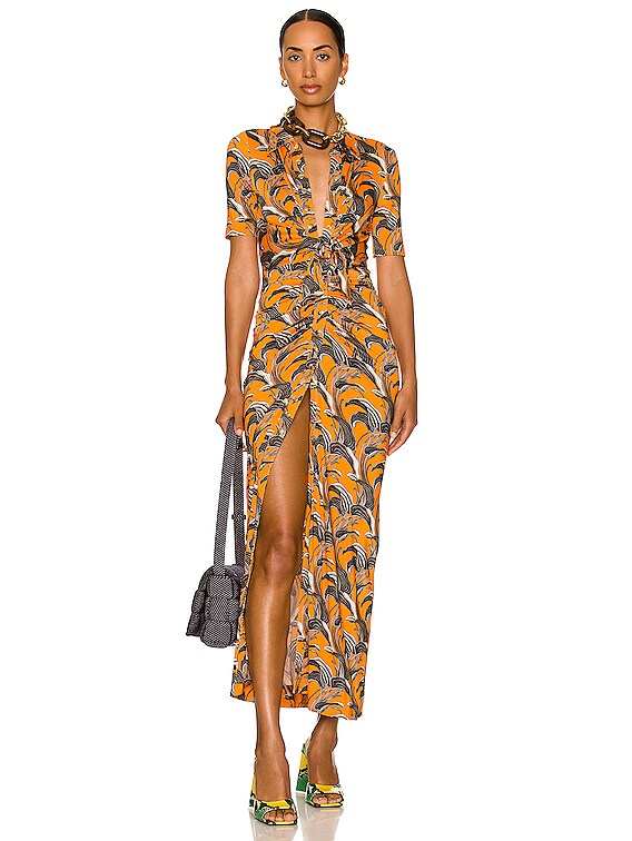 RABANNE Gathered Shirt Dress in Pastel Orange Lily Flower | FWRD