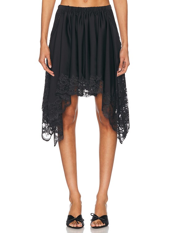 【COAP】 [Made] Lace noir satin skirt RABANNE Satin Lace Skirt in Black | FWRD