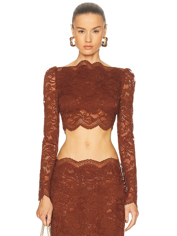 RABANNE Lace Off Shoulder Top in Cinnamon Brown | FWRD