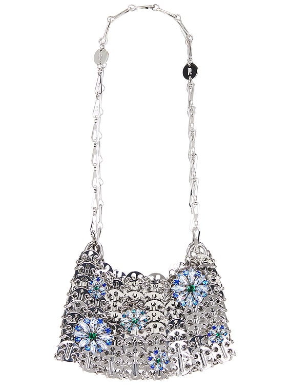RABANNE Chain Flower Shoulder Bag in Silver & Blue | FWRD