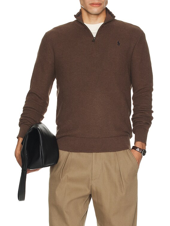 Polo Ralph Lauren Mesh-Knit Cotton Quarter-Zip Sweater in Nutmeg