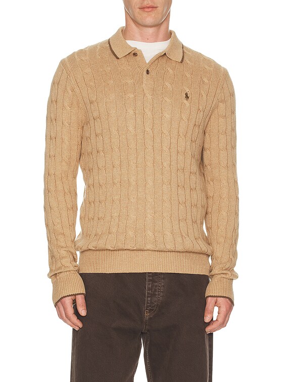 Polo Ralph Lauren Cable-Knit Cotton Polo-Collar Sweater in Camel
