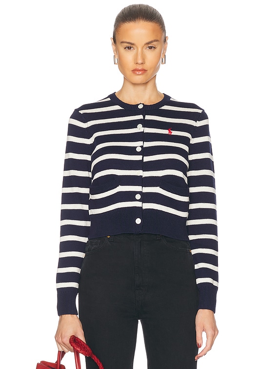 現行　極美品　POLO RALPH LAURENストライプ カーディガン Polo Ralph Lauren ストライプコットンクルーネックカーディガン