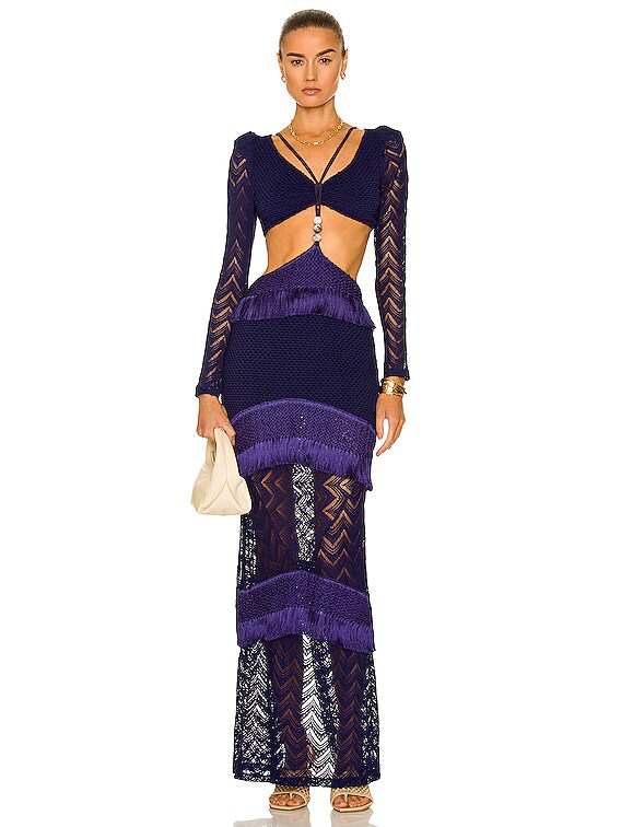 Fringe &amp; Lace Long Sleeve Cut Out Maxi Dress