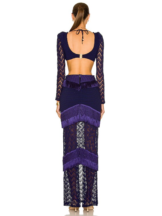 PatBO Fringe & Lace Long Sleeve Cut Out Maxi Dress in Indigo | FWRD