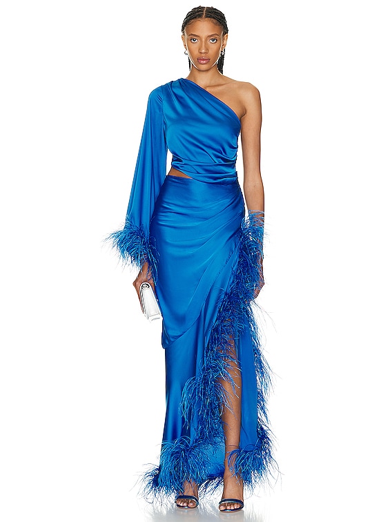 PatBO Feather Trim One Shoudler Maxi Dress in Cobalt | FWRD