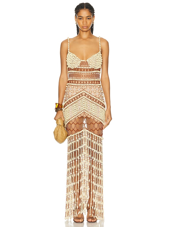 PatBO Wood And Crystal Beaded Gown in Natural | FWRD